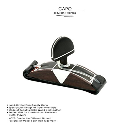 TCHW3 TENOR Professional Wooden Handicraft "Ole" Guitar Capo for Classical, Flamenco or Nylon Guitar Players. Made of the Finest Rosewood and Ebony with a Leather Strap. State of the Art!