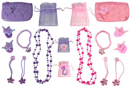 Pink & Purple Princess Accessory Set (2 Necklaces, 2 Bracelets, 4 Sets of Girls Ponytail Holders, & 2 Coin Purses)