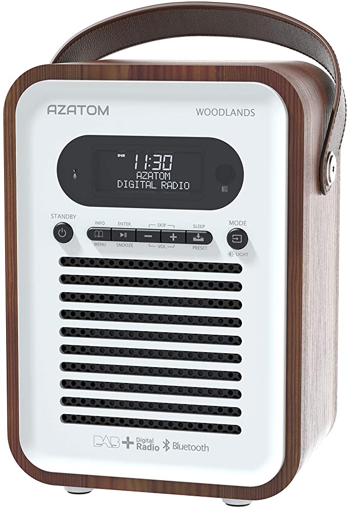 AZATOM Woodlands DAB/DAB  Digital FM Radio Bluetooth Portable Radio/Alarm Clock/Real Wood Effect Finish/Mains Powered/Rechargeable Battery/Subwoofer/Premium Stereo Sound (Walnut)