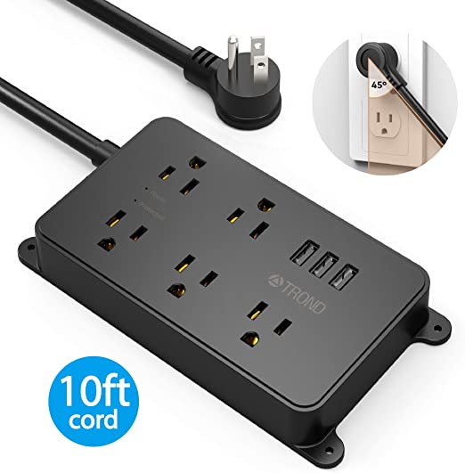 TROND Surge Protector Power Strip with 3 USB Ports, ETL Listed, 5 Widely-Spaced Outlets, 1300 Joules, Flat Plug, 10ft Extension Cord, Wall Mount, Black