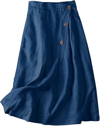 CHARTOU Women's Summer Linen Elastic Back Buttoned Swing Midi A Line Skirt