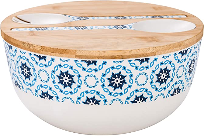 Bamboo Fiber Salad Bowl with Servers Set - Large 9.8 inches mixing bowls Solid Bamboo Salad Wooden Bowl with Bamboo Lid Spoon for Fruits,Salads and Decoration (Blue figure, 9.8INCH)