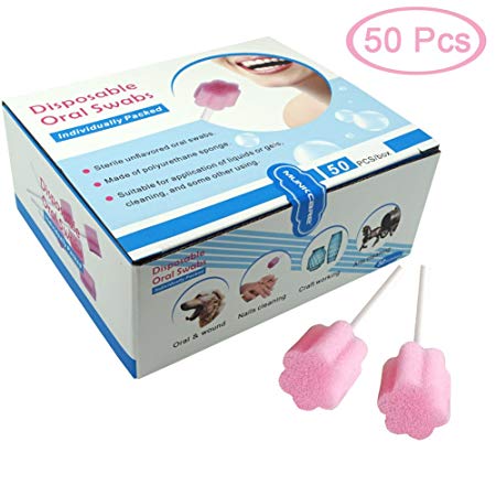 MUNKCARE Disposable Oral Swab Mouth Cleaning Sponge Swabsticks Singe-use Plum Blossom Shaped Untreated Unflavored, box of 50 counts