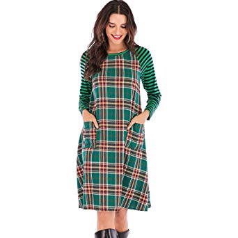 Yahong Women Plaid Dress Casual Striped Long Sleeve Loose Fit Checkered Tunic Dresses Pockets