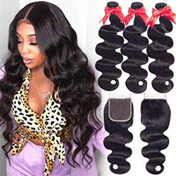 Hermosa Hair Brazilian Hair Body Wave 3 Bundles with Free Part Lace Closure Human Hair Weave 100% Unprocessed 9A Human Hair Bundles with Closure 20 22 24+18"closure