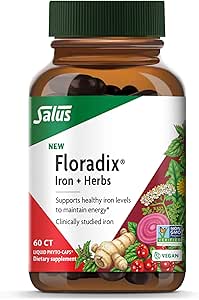 Floradix Iron   Herbs - Iron Supplement for Healthy Energy Support - Vegan, Non-GMO, Gluten-Free, Soy-Free - 60 Liquid Phyto-Caps