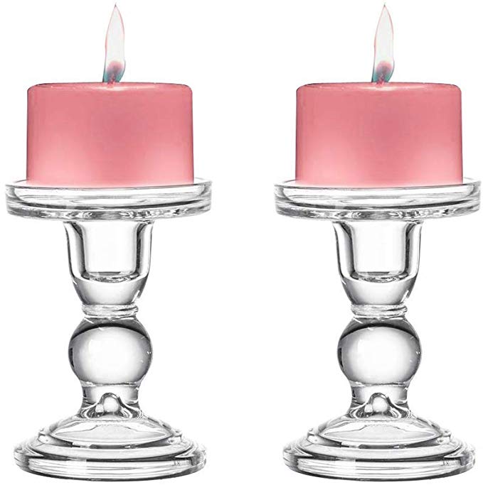 Sidith Clear Glass Pillar Candle Holder, Dual Use Taper Candle Stand for Pillar or Taper Candlesticks (2 Pack) (5.5")