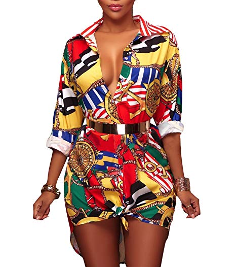 Playworld Women’s African Print T Shirt Dress Bohemian Casual Mini Dress