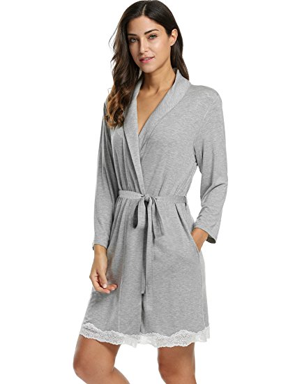 Avidlove Womens Bathrobe Soft Kimono Cotton Knit Robe Lace Trim Sleepwear