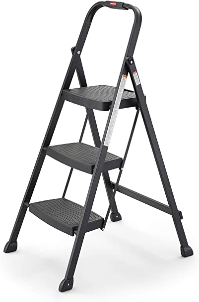 Rubbermaid RM-3W-2B Steel Frame 3-step Folding Step-stool with Hand Grip and Plastic Steps, 250-pound Capacity, Black Finish