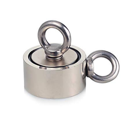 Wukong Second-Generation Neodymium Fishing Magnets (Double-Sided Magnetic) Round Neodymium Magnet with Eyebolt, Combined 600 lbs Pulling Force, 2.36" Diameter - Magnet for River Or Lake Fishing.