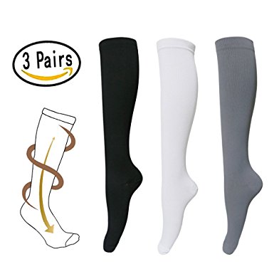 3 Pairs Knee High Graduated Compression Socks For Women and Men - Best Medical, Nursing, Travel & Flight Socks - Running & Fitness - 15-20mmHg