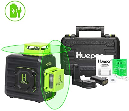 Huepar 2 x 360 Cross Line Self-leveling Laser Level, 360° Green Beam Dual Plane Leveling and Alignment Laser Tool, Li-ion Battery with Type-C Charging Port & Hard Carry Case Included - B02CG