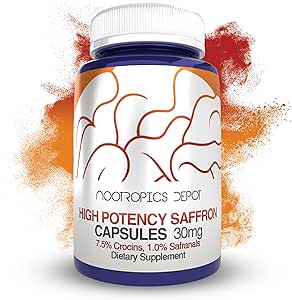 Nootropics Depot High Potency Saffron Extract Capsules | 30mg | Minimum 7.5% Crocins and 1% Safranals | Crocus sativus | 180 ct