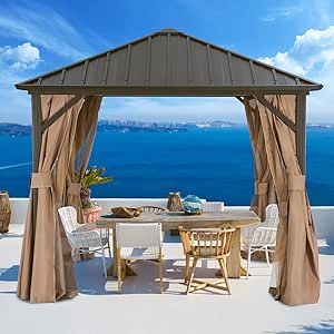 ABCCANOPY Hardtop Gazebo 8x8 - Outdoor Metal Hard Top Gazebo, Permanent Galvanized Steel Aluminum Framed Pavilion with Netting and Curtain for Patio Backyard Lawn Garden (Double Roof, Khaki)