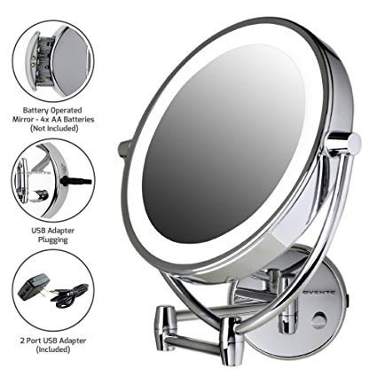 Ovente MLW45CH 9.5-Inch LED Lighted Wall Mount Makeup Mirror, 1x/10 Magnification, Polished Chrome