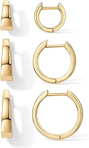 PAVOI 18K Gold Plated Sterling Silver Posts 3 Pairs Small Hoop Earrings Set | Chunky Huggie Hoop Pack Earscape for Women 12mm 16mm 20mm