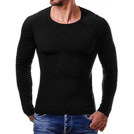 Helisopus Men's Stretch Solid Pullover Knitted Sweaters Slim Fit O-Neck Long Sleeve Casual Crewneck Sweater