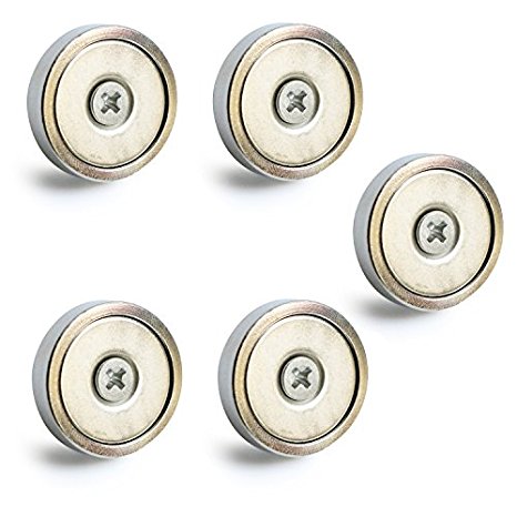 NEO Magnetics N50 Neodymium Round Base Magnet Fastener, Stainless Steel, Pack of 5, 1.3"diameter, Holds up to 100lbs Powerful Neodymium Cup Magnet - Countersunk Mounting Hole - Screws Included