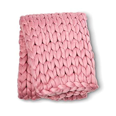 ColeyBear Millennial Pink Boho Home Decor Blanket (40in x 60in) - Big Chunky Yarn Knit Blankets - Handmade Oversized Throw Comforter - Massive Hand Knitted Throw Blanket (Millennial Pink)