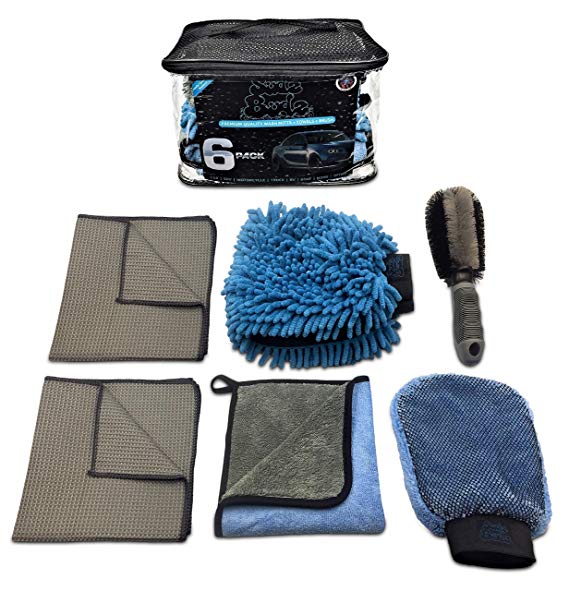 Sudz Budz Premium Microfiber Car Wash Kit 6pcs | Chenille Mitt, Dual Wash Mitt, Microfiber Towels, Wheel Brush | Auto Detailing Supplies for Interior, Exterior, Washing, Drying Car Care Cleaning Tools