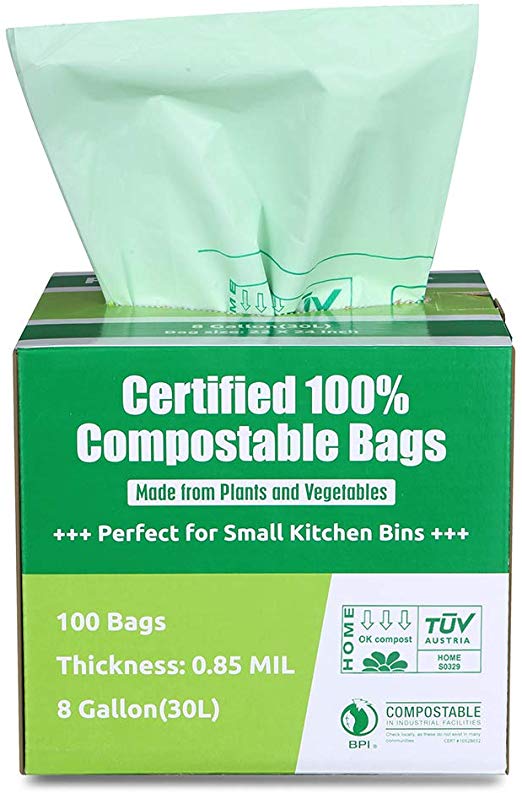 Primode 100% Compostable Bags, 8 Gallon (30L) Food Scraps Yard Waste Bags, 100 Count, Extra Thick 0.85 Mil. ASTMD6400 Biodegradable Compost Bags Small Kitchen Trash Bags, Certified by BPI & TUV EU