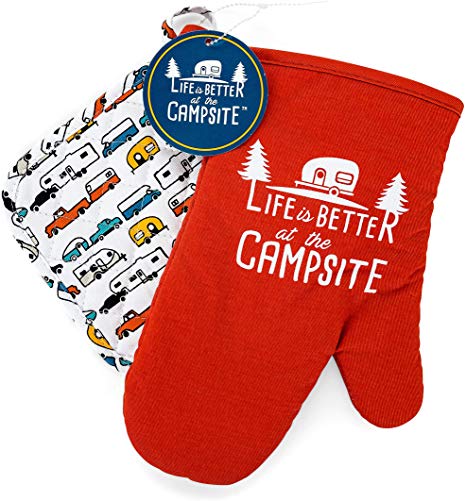 Camco Multicolor Life is Better at The Campsite Heat Resistant Oven Mitt and Pot Holder Set-Red with White Logo Design, Excellent for RV Kitchens, Camping and More (53260)