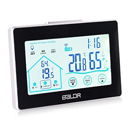 ATETION Indoor Outdoor Thermometer Digital Wireless Hygrometer Weather Station Wireless Temperature and Humidity Monitor with Current Time Backlight and Outdoor Sensor