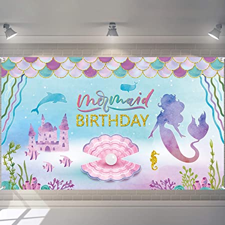 Under The Sea Little Mermaid Birthday Banner Backdrop for Girl Princess Large Mermaid Themed Birthday backgroud Backdrop for Indoor Outdoor Car Decorations