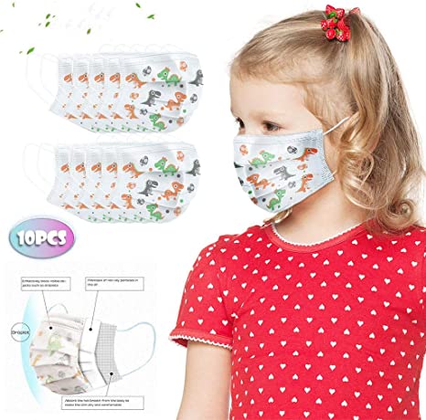 Ecnobia 3 Ply Non-Woven, 10Pcs Disposable Face Bandanas with Cute Dinosaur Pattern, Cloth Covering, No Washable, Breathable and Anti-Haze Dust, for Kids