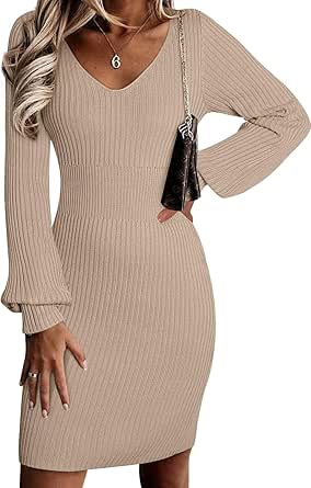 Sidefeel Womens 2024 Winter Ribbed Knit Sweater Dress Casual Long Sleeve Fall Dresses Sexy V Neck Bodycon Mini Dress