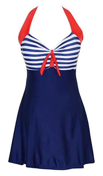 Women's One Piece Pin Up Swimsuit Sailor Vintage Swimdress Cover Up Bathing Suit