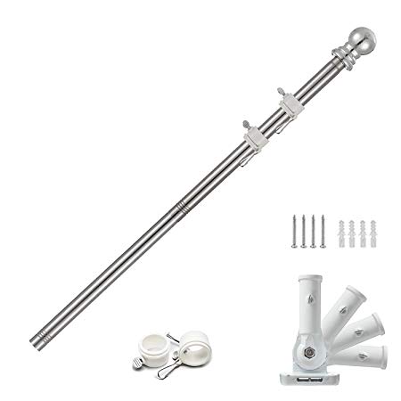 6 FT Flag Pole Kit for House, American Flag Pole Bracket, Outdoor Wall Mount Stainless Steel Flagpole with Rotating Rings, Use for Backyard Garden Yard Truck Decoration（Pole & Bracket Only）