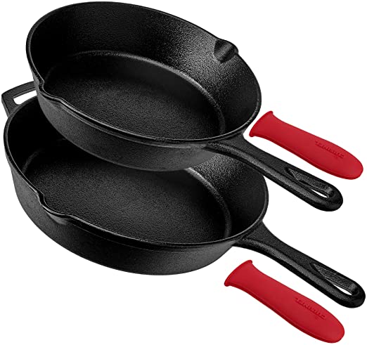 Pre-Seasoned Cast Iron Skillet 2-Piece Set (8-Inch and 10-Inch) Oven Safe Cookware - 2 Heat-Resistant Holders - Indoor and Outdoor Use - Grill, Stovetop, Induction Safe