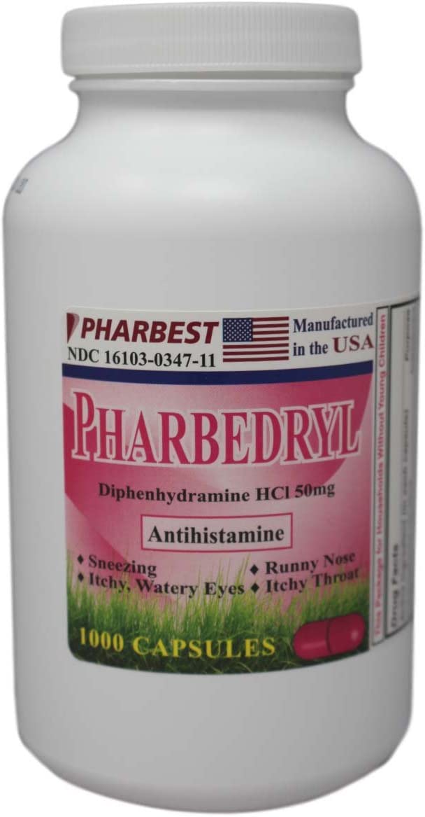 Wonder Laboratories Pharbedryl Diphenhydramine HCI 50 Mg Allergy Medicine and Antihistamine y - 1000 Capsules #3639
