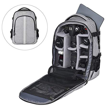 Abonnyc Large DSLR Camera/Laptop Travel Backpack Gadget Bag w/Rain Cover For Canon, Nikon, Sony, Fujifilm, Panasonic, Pentax, Samsung, Olympus and More,Grey