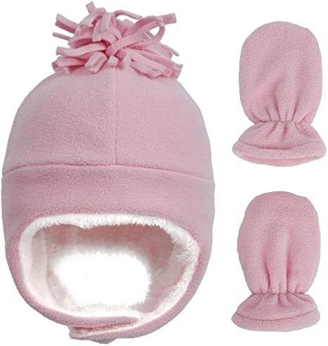 Baby Toddler Winter Hat with Mitten Set Warm Fleece Lined Beanie with Ear Flaps Kids Sherpa Glove for Boys Girls 0-7T