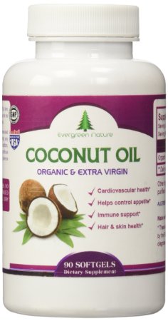Evergreen Nature Coconut Oil Softgels 1000mg Certified Organic Extra Virgin Capsules - Best Pills for energy endurance weight loss Healthy Heart Body Skin Hair loss- 100 Satisfaction Guarantee