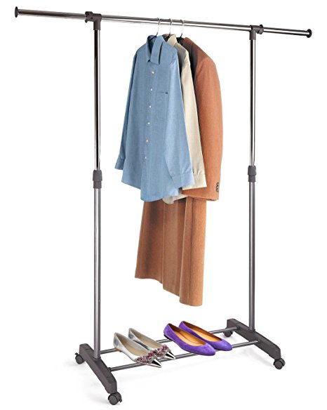 ProAid Adjustable Single Rail Garment Rack, Portable Clothing Hanging Rolling Clothes Rack with Brake Wheels