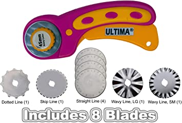 Ultima 45mm Rotary Cutter Kit - Ergonomic Rotary Cutter w/ 8 Straight & Pattern-Cut Blades