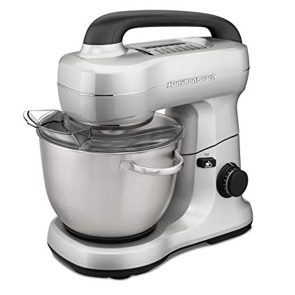 Hamilton Beach Electric Stand Mixer, 4 Quarts, 7 Speeds with Whisk, Dough Hook, Flat Beater Attachments, Splash Guard, Silver (63392),