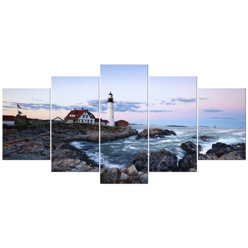 Wieco Art Portland Lighthouse 5 Piece Seascape Canvas Paintings Wall Art Extra Large Modern Ocean Sea Beach Giclee Canvas Prints Artwork Pictures Home Office Decoration for Living Room Bedroom XL