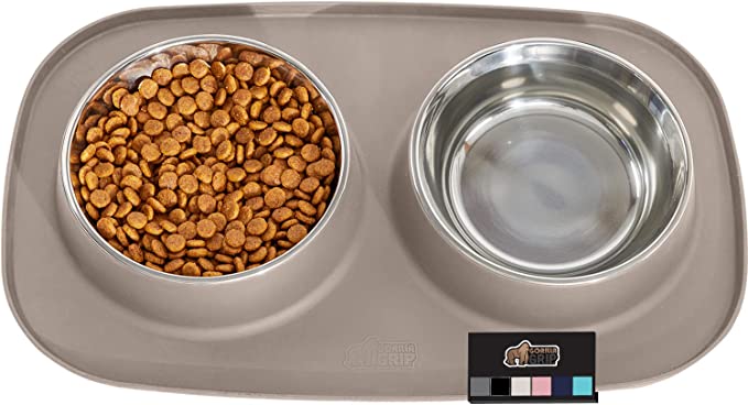 Gorilla Grip Slip Resistant Pet Bowls and Silicone Feeding Mat Set, Catch Water and Food Mess, Raised Edges for No Spills, Stainless Steel Cat and Dog Dish Bowl for Small and Large Pets, 2 Cups, Beige