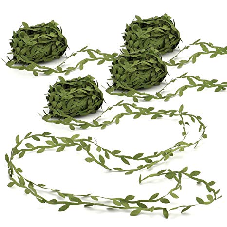Tosnail 4 Roll Total 87.5 Yard Olive Green Leaves Leaf Trim Ribbon Artificial Vines Leaf Garland - Great for DIY Craft Gift Wrapping Party Wedding Home Decoration