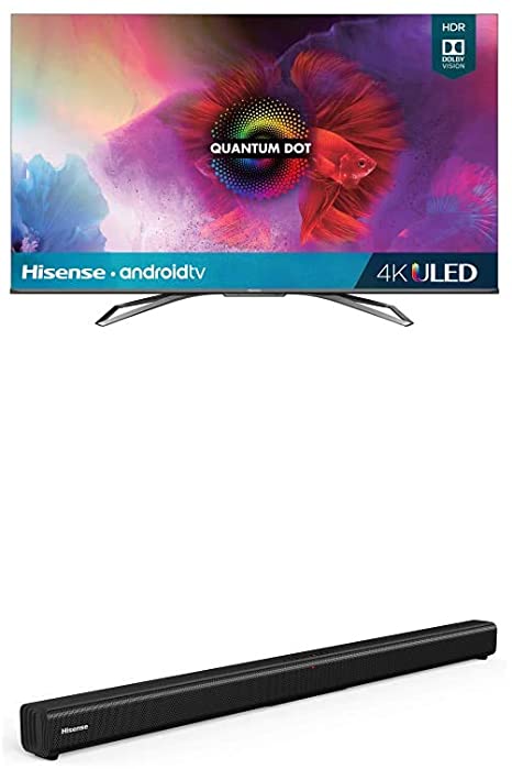 Hisense 55-Inch Class H9 Quantum Series Android 4K ULED Smart TV with Hand-Free Voice Control (55H9G, 2020 Model)   Hisense 2.0 Channel Sound Bar Home Theater System with Bluetooth (Model HS205)