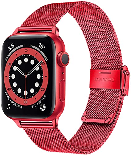 TRUMiRR Red Band for Apple Watch Series 6 42mm 44mm Women Men, Mesh Woven Stainless Steel Watchband Replacement Strap Wristband for iWatch Apple Watch SE Series 6 5 4 3 2 1 42mm 44mm