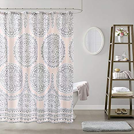 Comfort Spaces Blush Pink/Grey Shower Curtain - Adele Shower Curtains for Bathroom - Modern Printed Medallions Pattern for Girls - 72" X72"