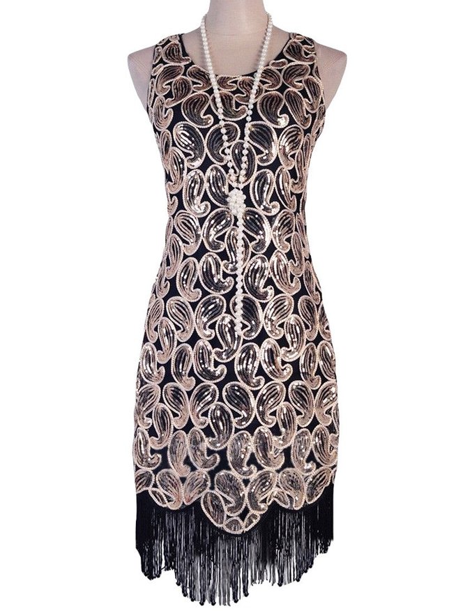 KAYAMIYA Women's 1920s Sequined Paisley Pattern Fringe Gatsby Flapper Dress