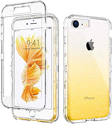 iPhone 7 Case Clear, iPhone 8 Case Case, DUEDUE 3 in 1 Glitter Shockproof Drop Protection Heavy Duty Hybrid Hard PC Transparent TPU Bumper Full Body Protective Case for iPhone 7/iPhone 8, Clear/Yellow