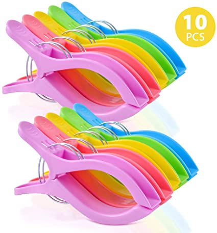 ipow 10 Pcs Jumbo Size Beach Towel Clips, Large Plastic Windproof Clothes Hanging Peg Quilt Clamp Holder for Beach Chair or Pool Loungers on Cruise- Keep Your Towel From Blowing Away